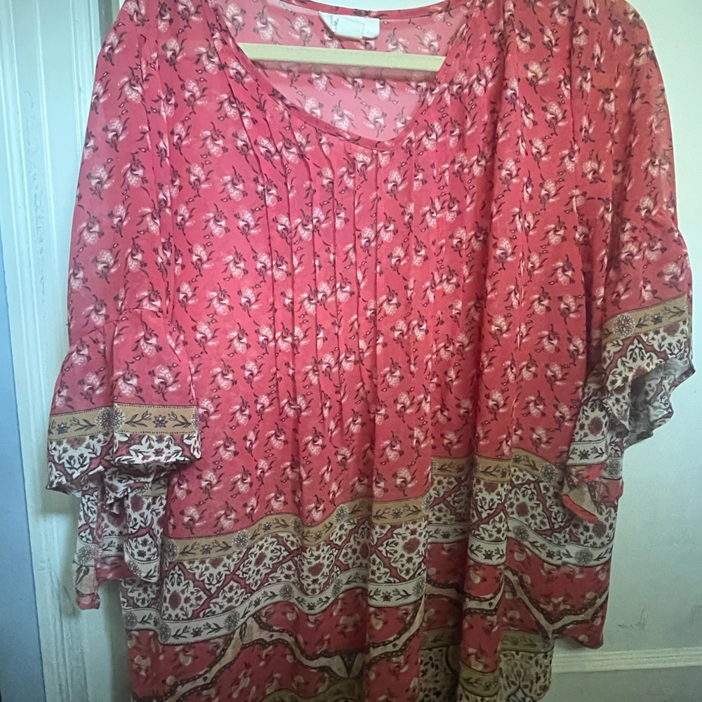 Style & Co. Red Floral Blouse with Gold Accents